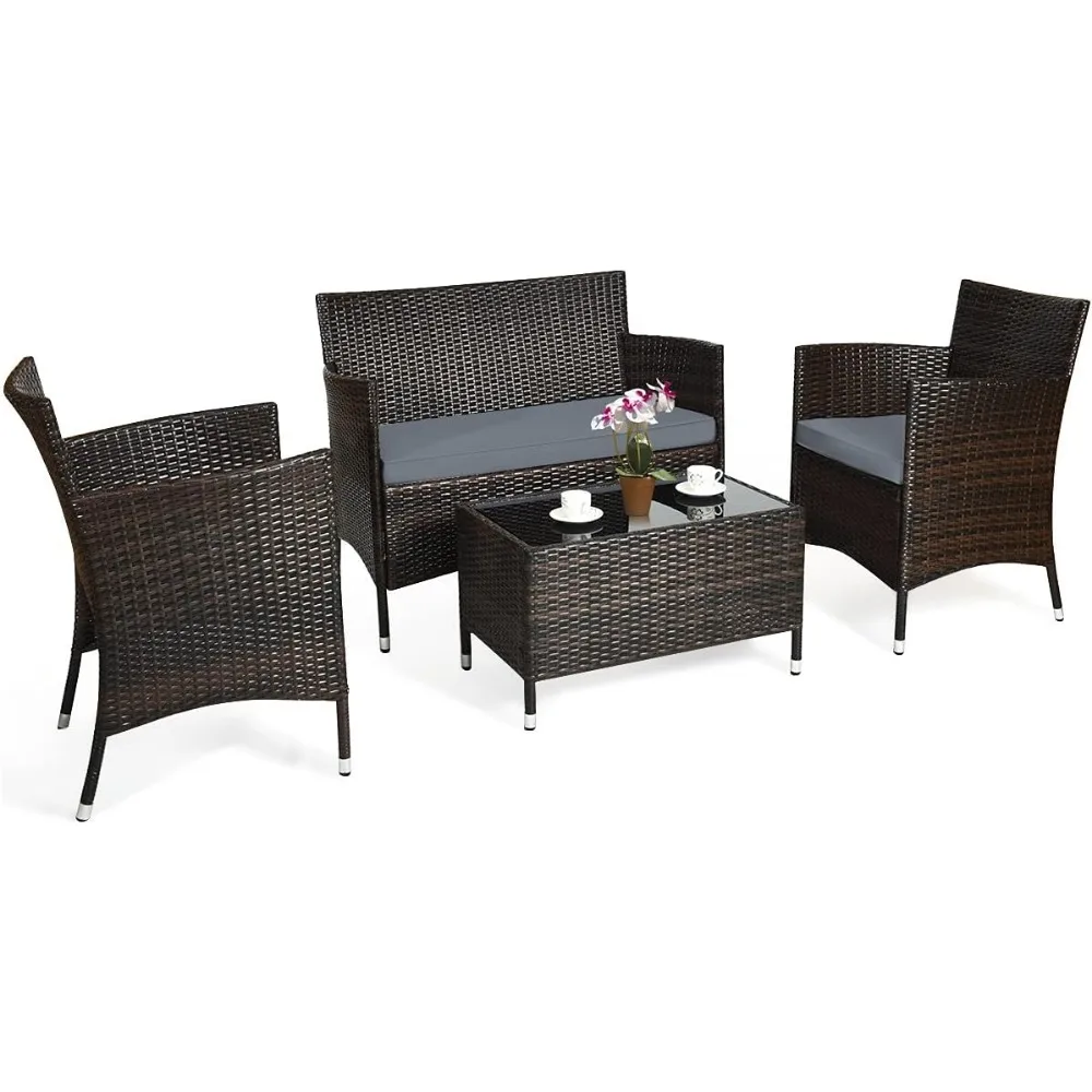 

4-piece rattan courtyard furniture set, outdoor rattan chair with coffee table, rattan mat conversation set