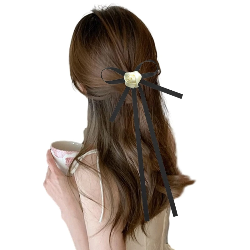 Girl Bowknot Barrettes Bow Hair Clips with Long Tail Black Ponytail Hair Clips