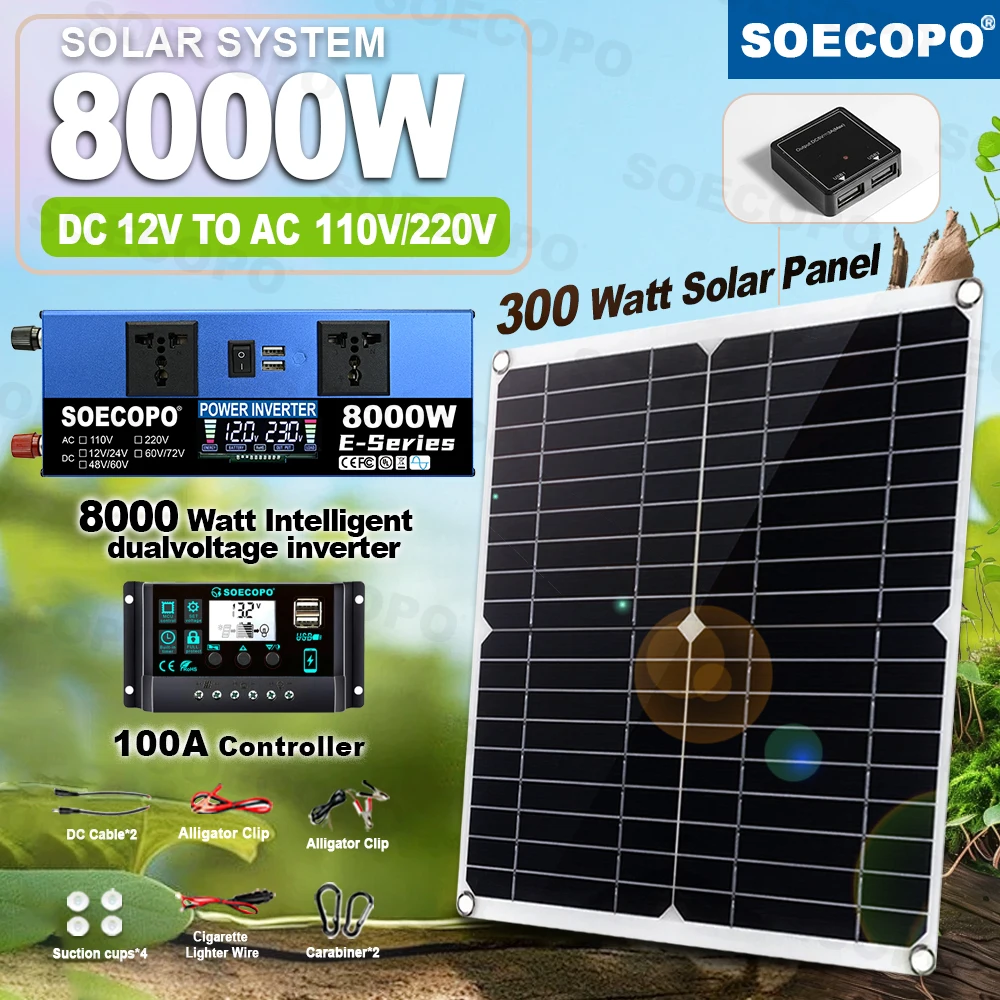 

8000W Off-Grid Solar Generator Kit Dual Volt LCD Inverter 100A Controller 300W Panel for Home/RV/Camping/Emergency Backup Power