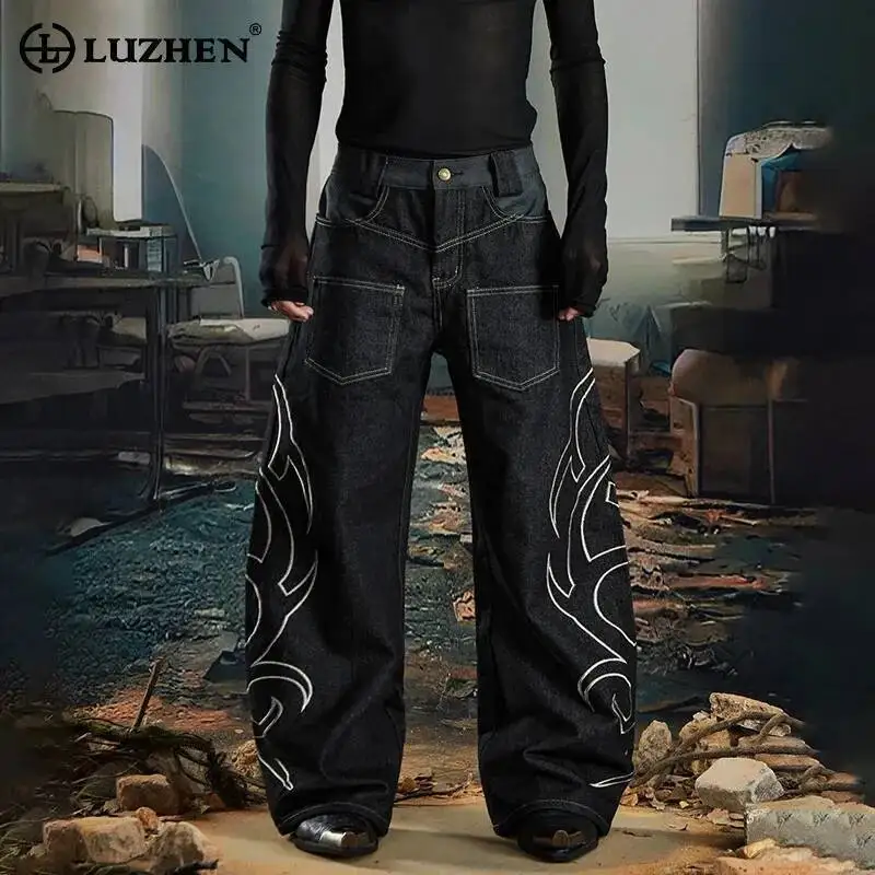 

LUZHEN 2026 New Embroidery Pattern Outline Straight Jeans Men Fashion Handsome Original Street Wide Leg Denim Pants Male JY6834