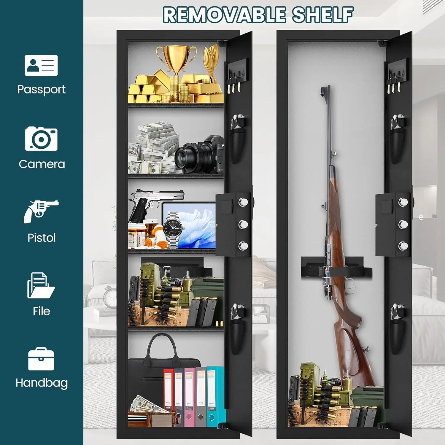 51.18" Tall Fireproof Wall Safes Between the Studs 16" Centers, Heavy Duty Combination Lock in Wall Safe with Removable Shelf, H