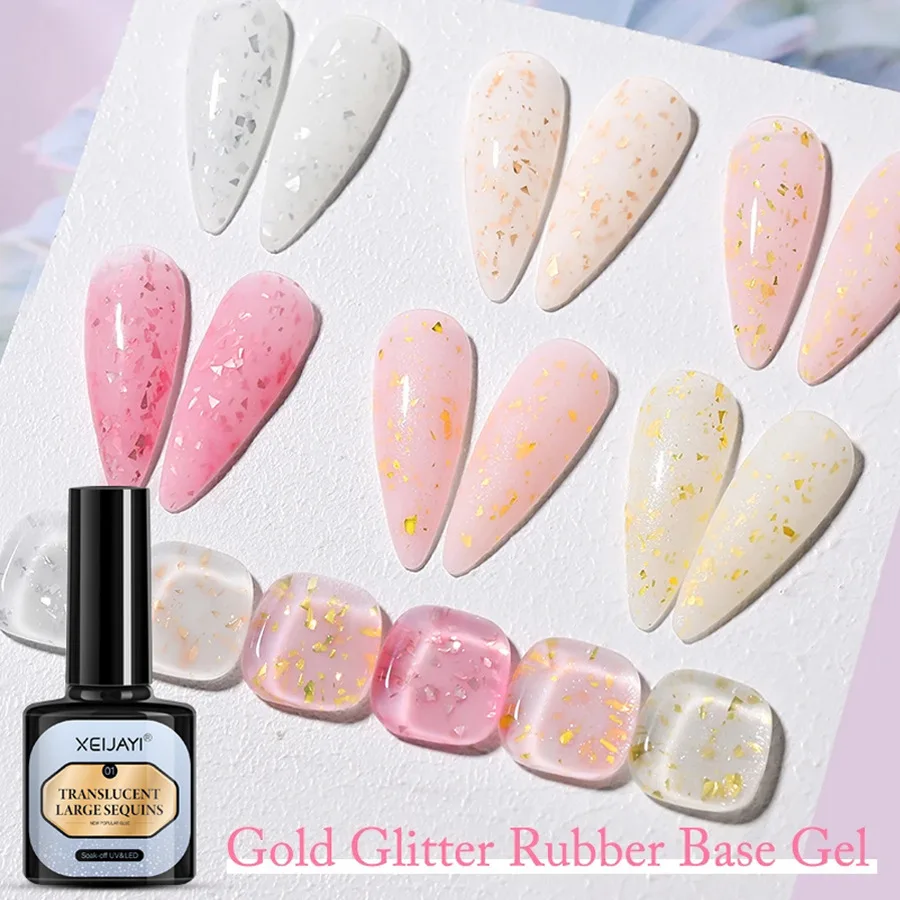 7ml Glitter Rubber Base Gel Polish Pink White Gel Top Coat with Gold Sequins Soak Off UV LED Nail Art Gel Varnish Manicure #GY95