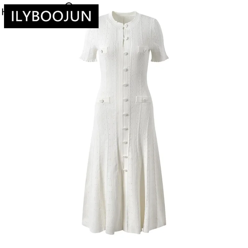 

Lady Vintage French Style Round Collar Short Sleeve Fit And Flare Single-breasted Hollow Out Knits Long Dress Women