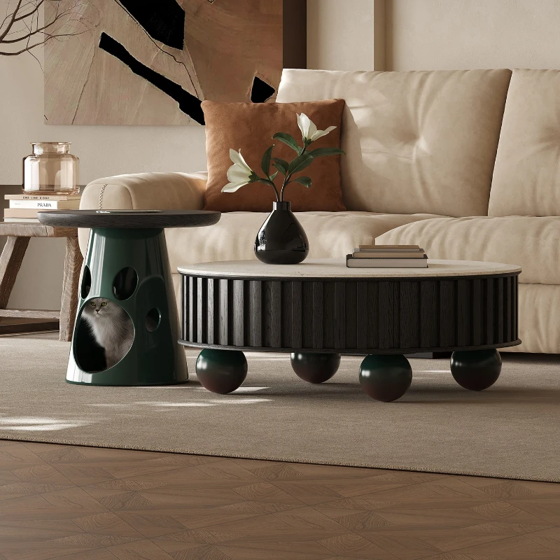 

Italian designer marble coffee table light luxury high-end living room round coffee table combination