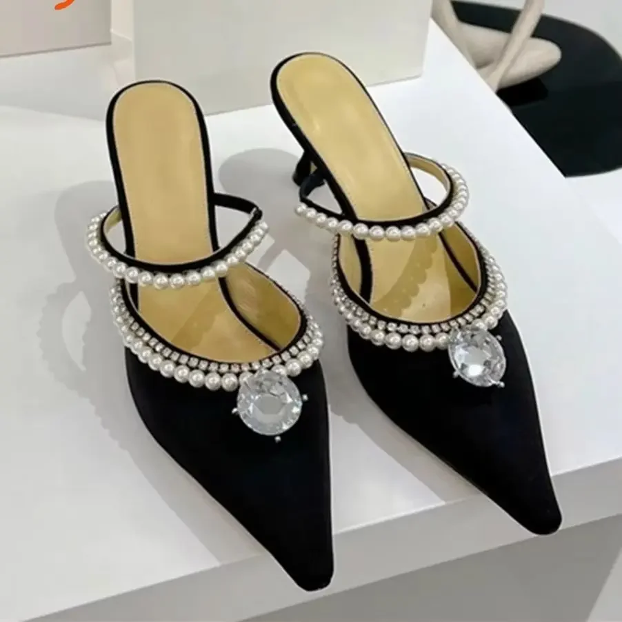 

Pearl Straight Strap Outside Slippers Slingback Pointed Toe Slip On Sexy Thin Heels Bling Crystal Shallow Fashion Women's Shoes