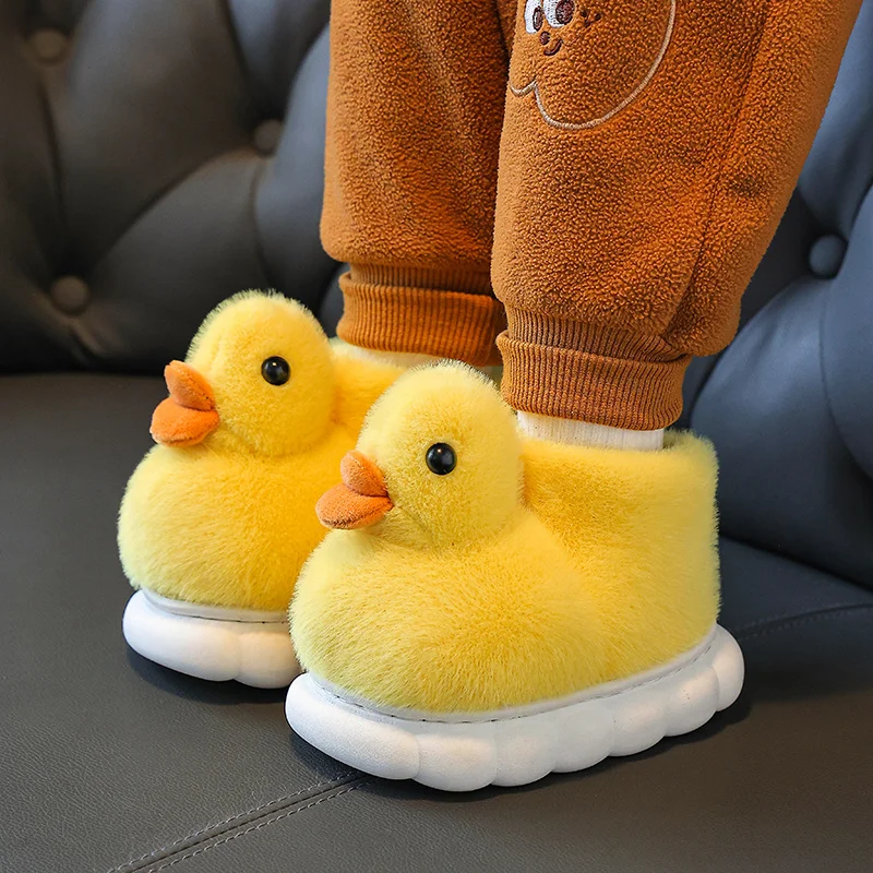 

New Kawaii Yellow Dark Cotton Shoes Girls Children Warm Winter Fluffy Boots Kids Ankle Fur Slides Baby Fuzzy Duckling Slippers