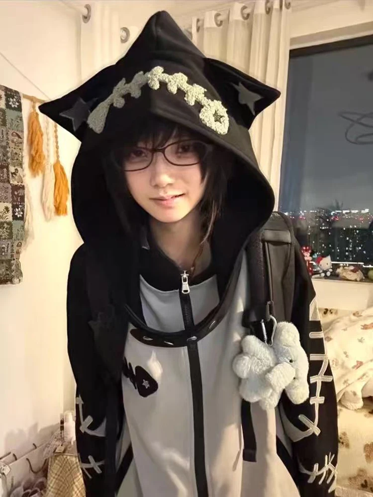 

Gothic Detachable Hooded Jacket Women Japanese Patchwork Fishbone Print Sweatshirt Y2K Streetwear Zipper Stand Collar Outwear