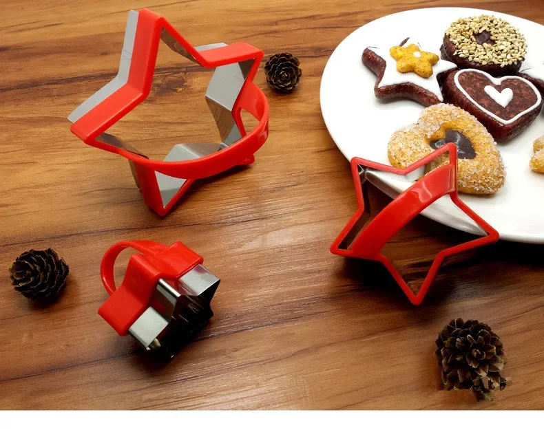 

1SET Heart Five Star Round Stainless Steel Plastic Cookie Cutters With Handle Pie Cutter Biscuit Scones Pasty Tools PD 007