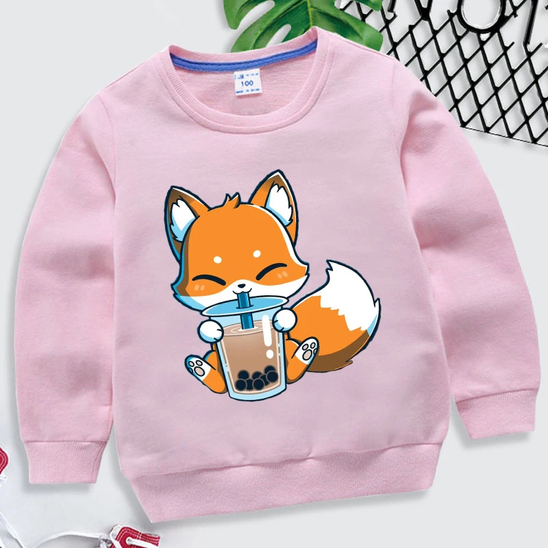 Autumn New Children's Fox Drink Boba Tea Cartoon Sweatshirts Baby Girls Clothes 3-14Years Kids Crew Neck Tops Pullovers For Boys