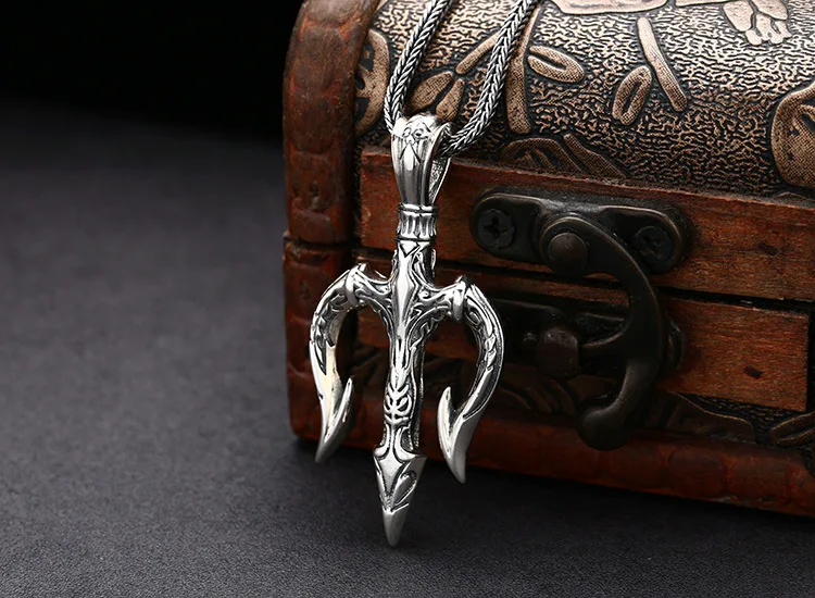 Sea King Trident Pendant 925 Pure Silver Necklace Pendant Punk Style Personalized Men's Retro Vintage Fashion Accessories