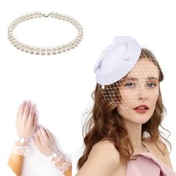 Fascinators cappelli 20s 50s cappello Pillbox cappello Cocktail Tea Party copricapo con velo collana guanti Setfor Girls and Women