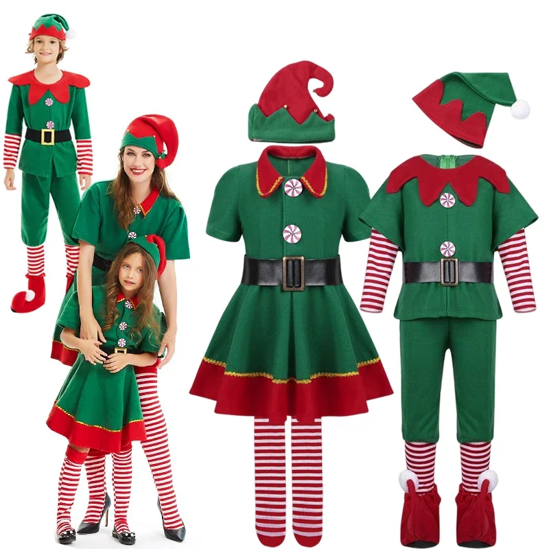 Disfraz familiar de elfo de Navidad para hombres, mujeres, niñas y niños, traje de juego de rol, ropa de rendimiento de fiesta de Santa Claus verde