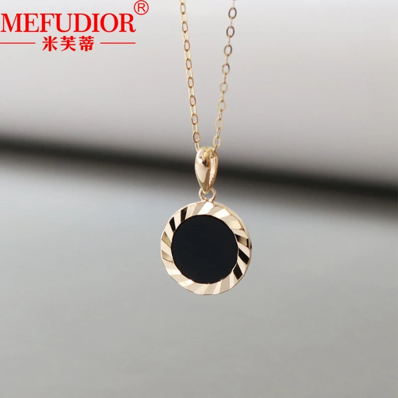 14K Gold Necklace for Women Yellow Gold Color Inlaid Round Onyx Pendant 12mm Wide Hight Quality Luxury Couple Party Jewelry Gift