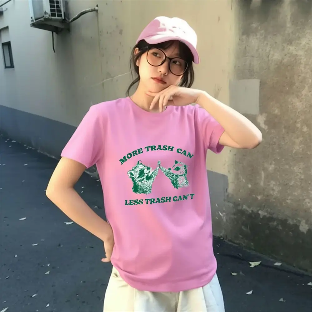Cute Raccoon Meme Printed T-Shirt Women Summer Short Sleeve More Trash Can Letter Print Vintage Tops Female Casual Harajuk Tees
