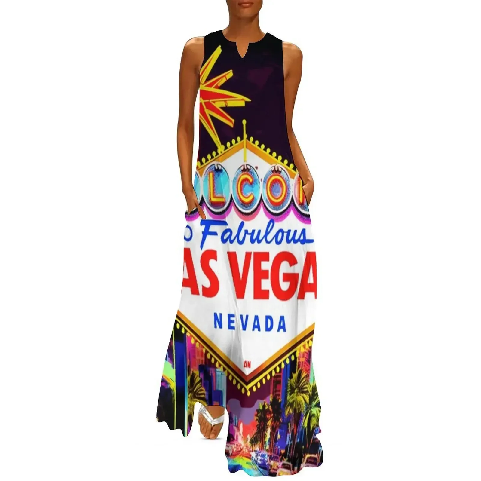 

A Pop Art Travel Print of the Las Vegas Sign - Nevada - US Long Dress Woman dresses Dress