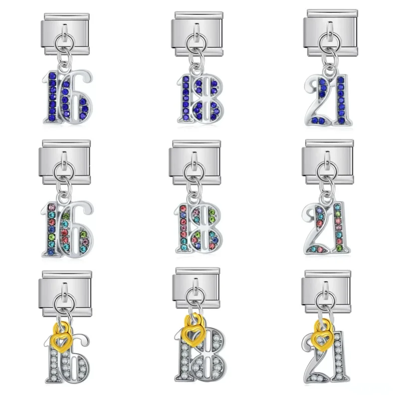 Colorful Digital 16, 18, 21 Pendant Italian Charm link Suitable For 9mm Stainless Steel Bracelet Women DIY Making Wholesale