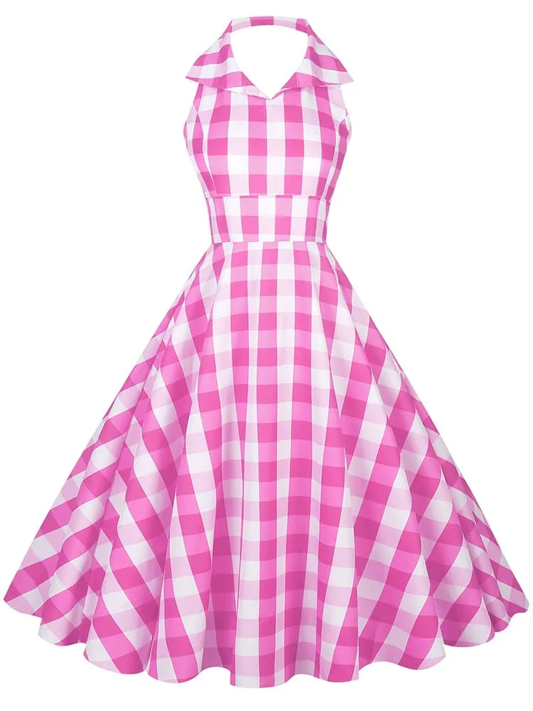 

Vintage Pink Polka Dot Print Women Summer Dress 2023 Elegant Notched Collar Robe Swing Party Prom Sundress