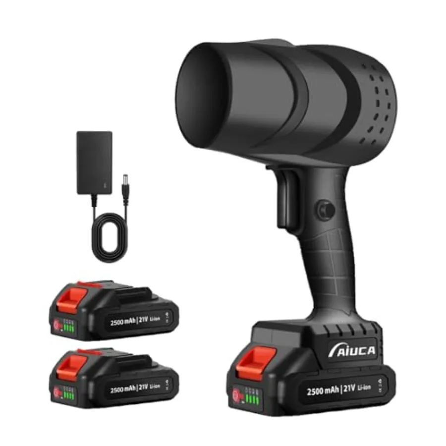 

Беспроводная воздуходувка для листьев с 2 аккумуляторами 21В 2500мАч, высокоскоростная ручная воздуходувка с регулируемой скоростью 250000 об/мин и турбонаддувом 130 миль/ч