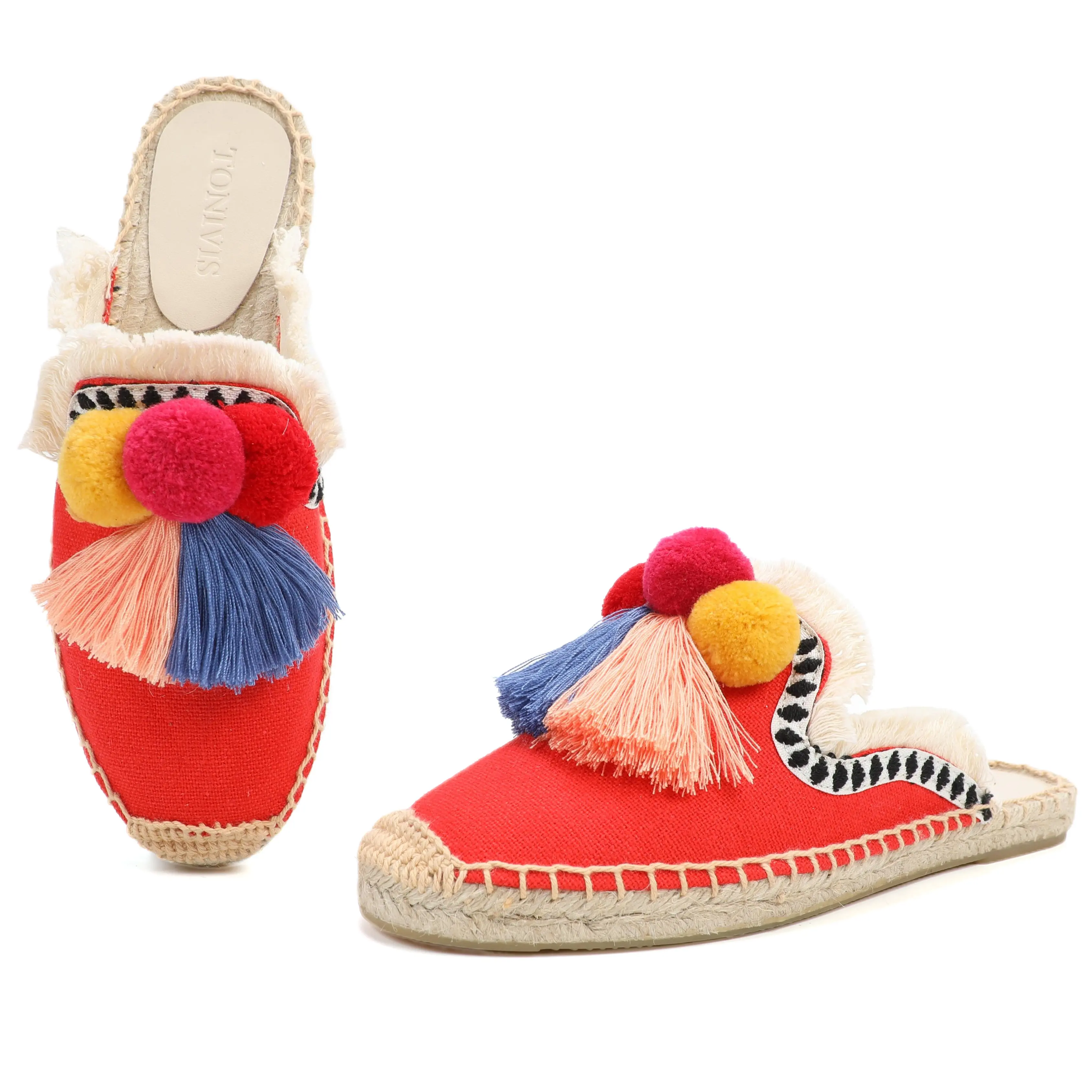 Zapatillas de mujer Alpargatas Fluffy Ball Mule Slides Venta - Zapatos de cáñamo de goma Sandalias de mujer de primavera exterior