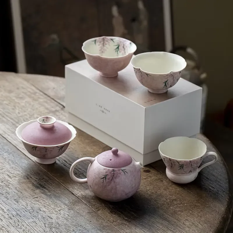 Hand Painted Wisteria Underglaze Porcelain Tea Set Elegant Chinese Kung Fu Teapot and Teacup Set with Cloth Bag