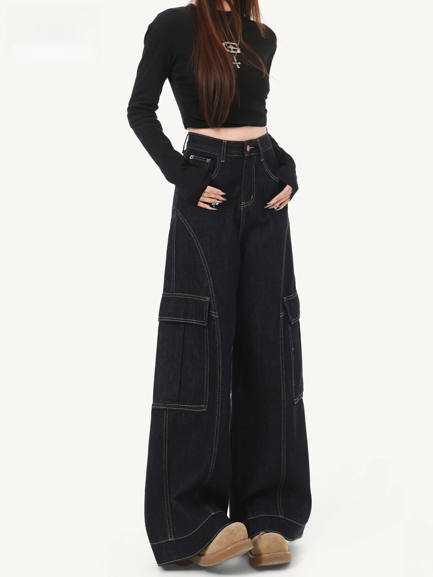 

American Style Wide Leg Denim Blue Jeans Women's Loose Casual Pants Multiple Pockets High Waist Zipper Fly Casual Wear