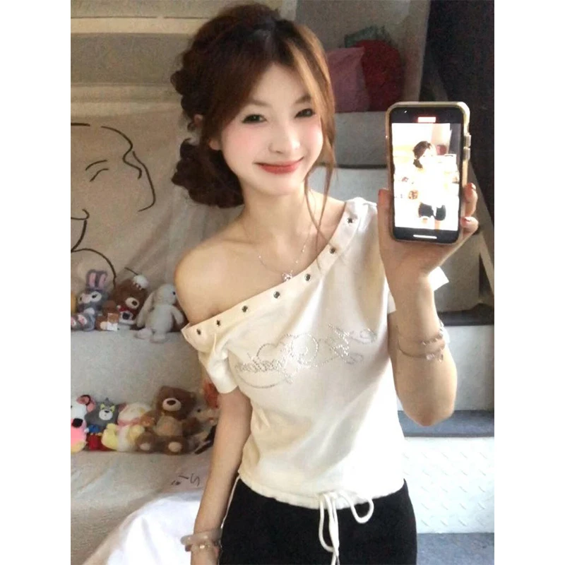 

Women Summer Sexy Hottie Off Shoulder Solid Color Short Sleeve T-Shirt Ladies Fashion Slim Appear Thin All-match Casual Tops