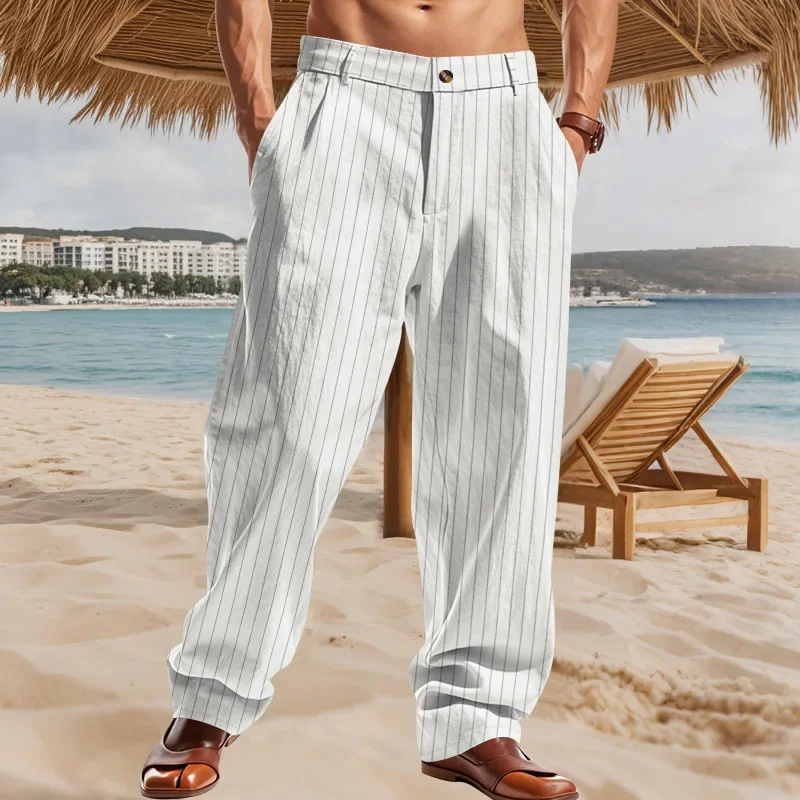 Cross-border Spring And Autumn Linen Men's Casual Pants Thin Striped Zipper Straight Pants Men's