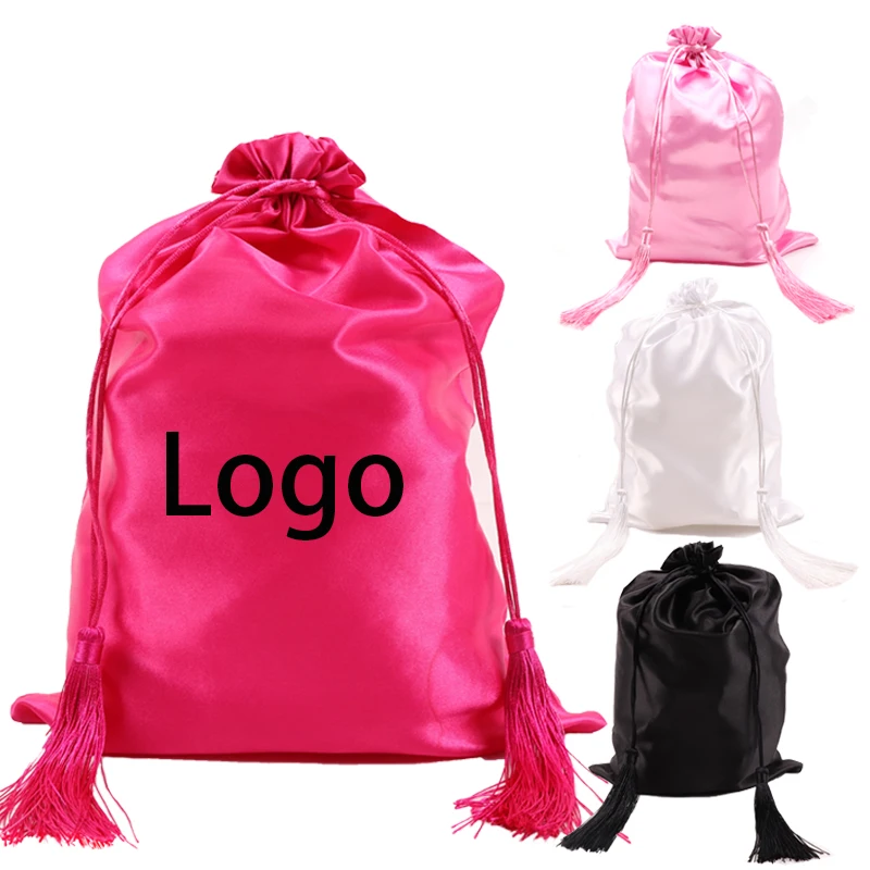 Customized Package Bag For Small Business Satin Bag With Tassel 25x35cm Wig Storage Bags With Drawstring Hairdressing Bag Pink