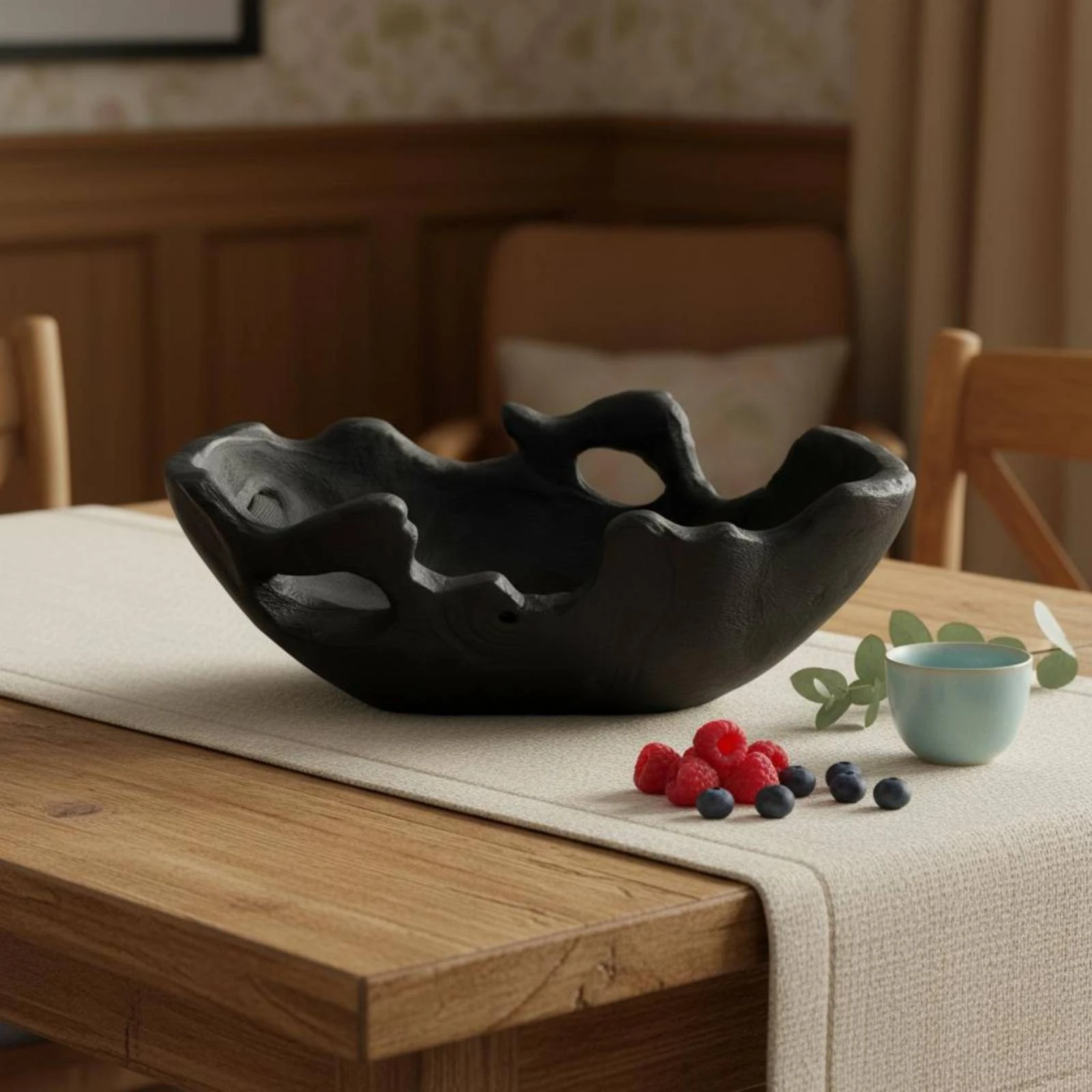 Wooden Serving Tray Carved Form Wooden Decorative Bowl Wood Serving Platter Rustic Style House Decoration Multi-Functional