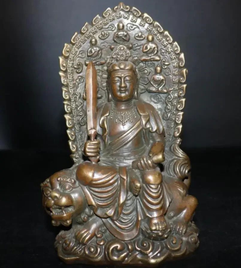 

China brass take sword Manjushri Bodhisattva crafts statue