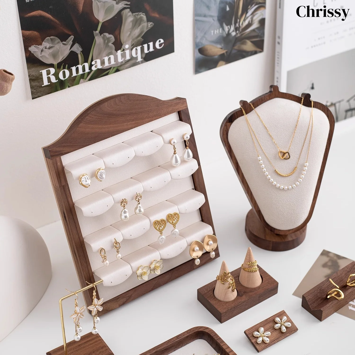 

Luxury Walnut Wood Jewelry Display Stand - Multi-Level Earring & Necklace Holder Organizer, Modern Photo Prop for Boutique Showc