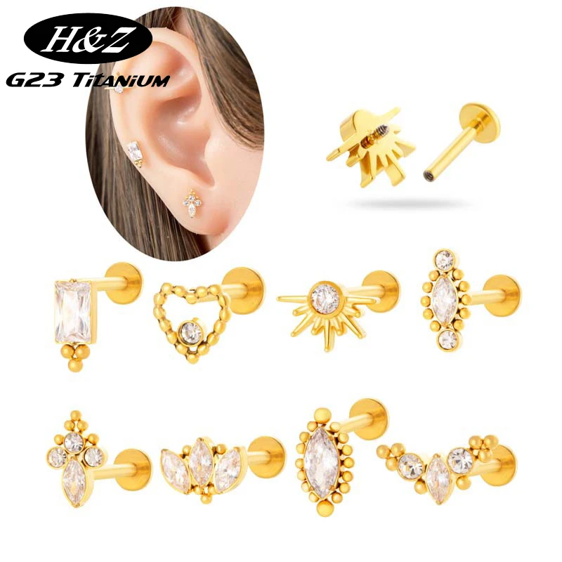 

2PC G23 Titanium 16G Ear Studs Internal Thread FlatBack Zircon Horse Eye Crown Stud Tragus Cartilage Rook Lobe Piercing Jewelry
