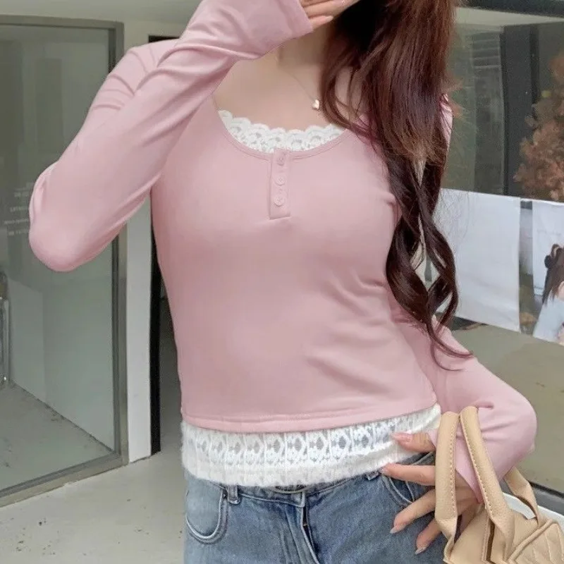 Pink T-shirts Women Slim Sweet Fake Two Pieces Lace Patchwork Winter Basic Tops Chic Comfortable Casual All-match Tender Buttons