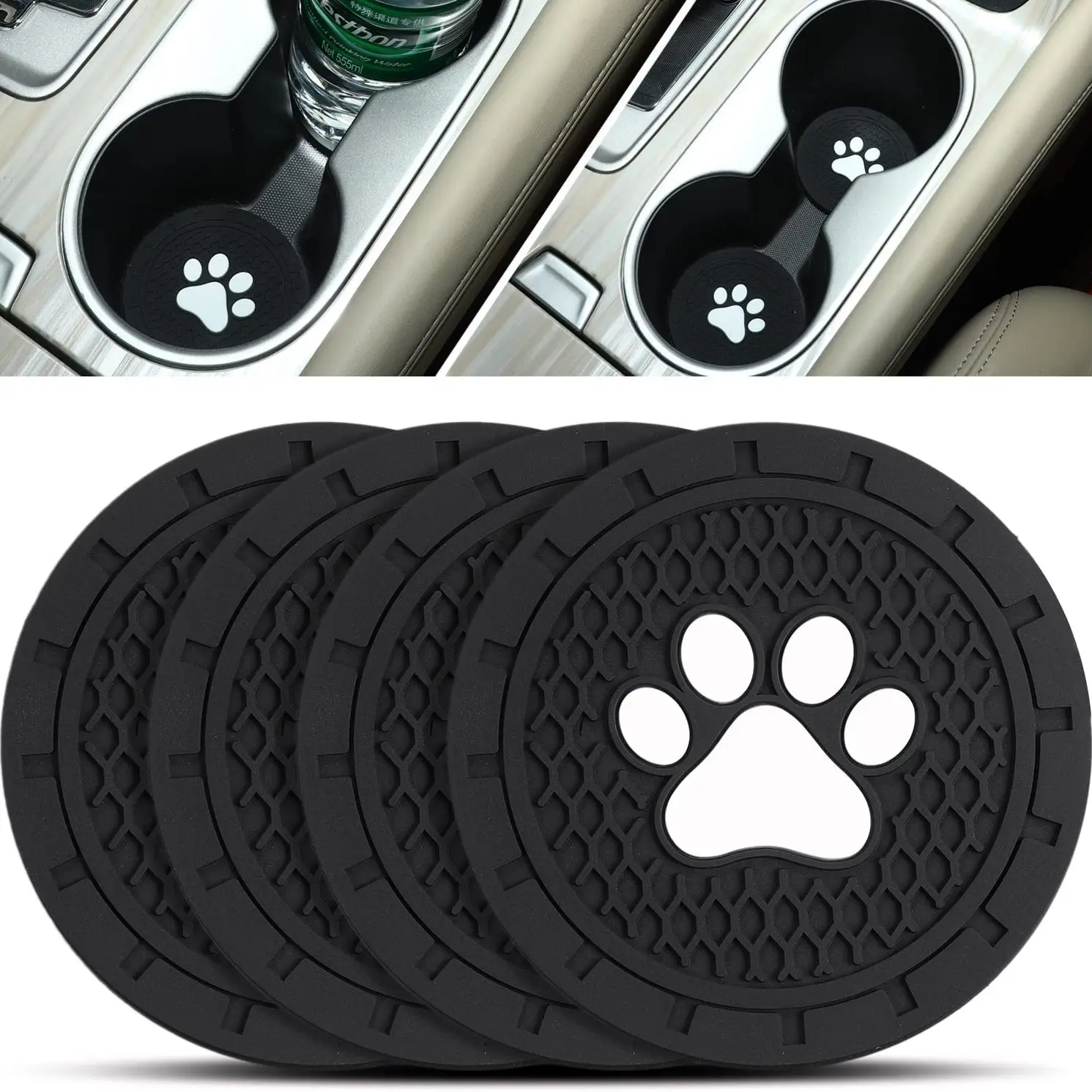 Car Cup Holder Coaster, 4 Pack PVC Paw Print Anti Slip Insert Coasters, 2.75 Inch Universal Cute Dog Paw Auto Drink Mat, Car Int
