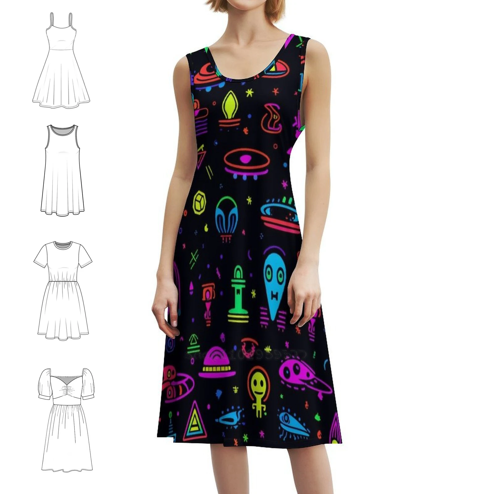 

Абстрактный мир и техника Повседневное платье в корейском стиле для женщин Простые повседневные офисные женские платья Ufos Абстрактный технологический дизайн Женские