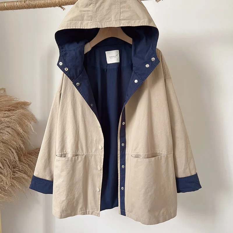 SuperAen Autumn New Hooded Loose Casual Contrast Color Cotton Mid-length Trench Coat for Women Single Breasted Jackets