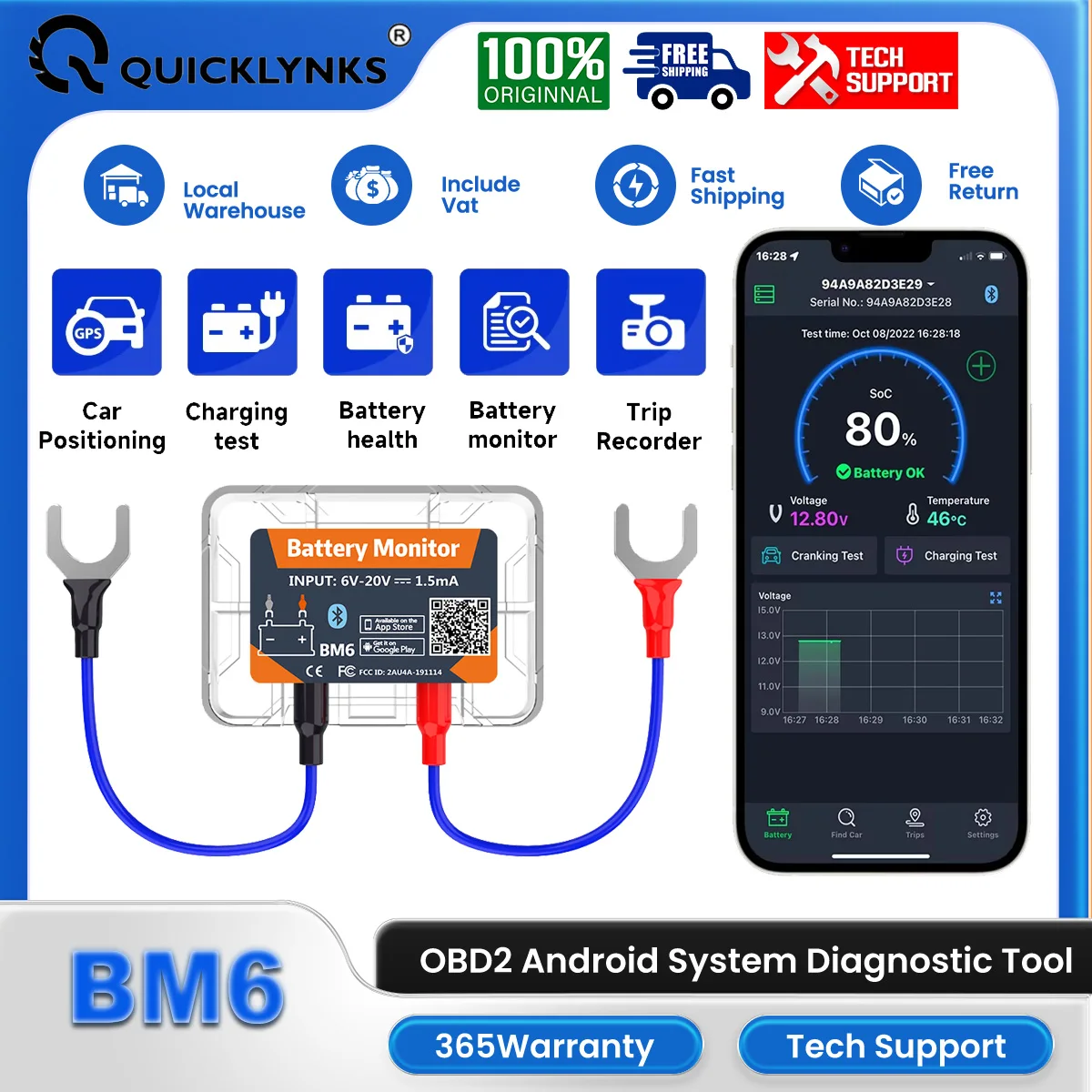 

QUICKLYNKS BM6 Wireless Bluetooth 4.0 Motorcycle Truck Check Car 12V Battery Health APP Monitoring Tester for Android IOS