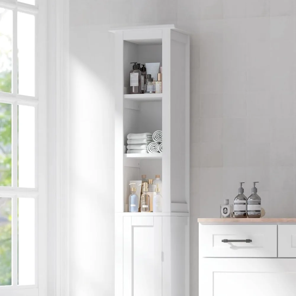 slimline tall bathroom storage cabinet with adjustable shelves for compact spaces