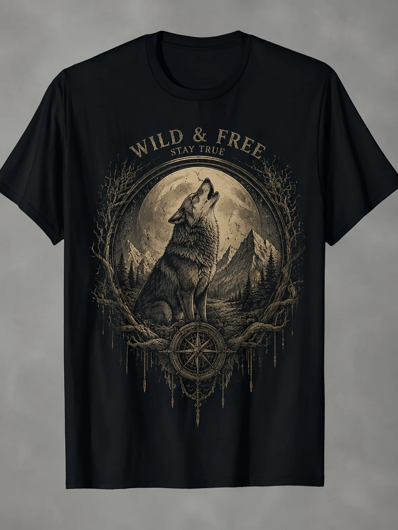 Men's Howling Wolf Full Moon Compass Vintage Graphic T-Shirt Retro Streetwear Crew Neck Short Sleeve Top Wolf Compass Print