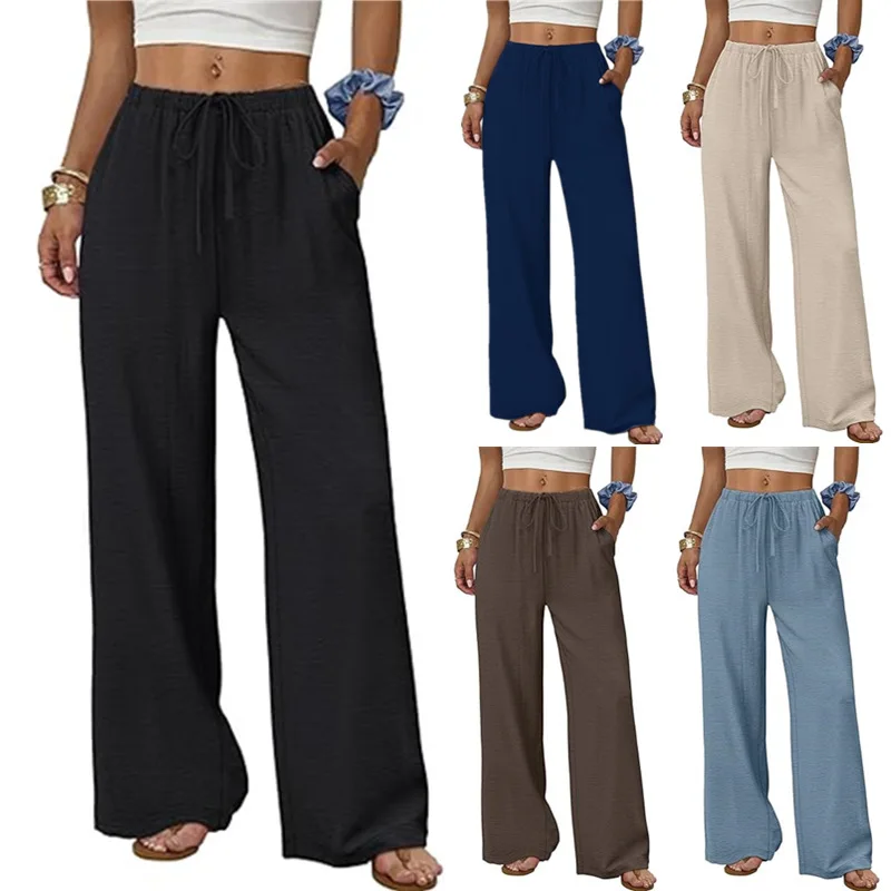 KIDCRKJ Damen-Hose mit einfarbigen Taschen, elastischem Bund und geradem Bein, lässige Hose mit hoher Taille und weitem Bein für den täglichen Gebrauch