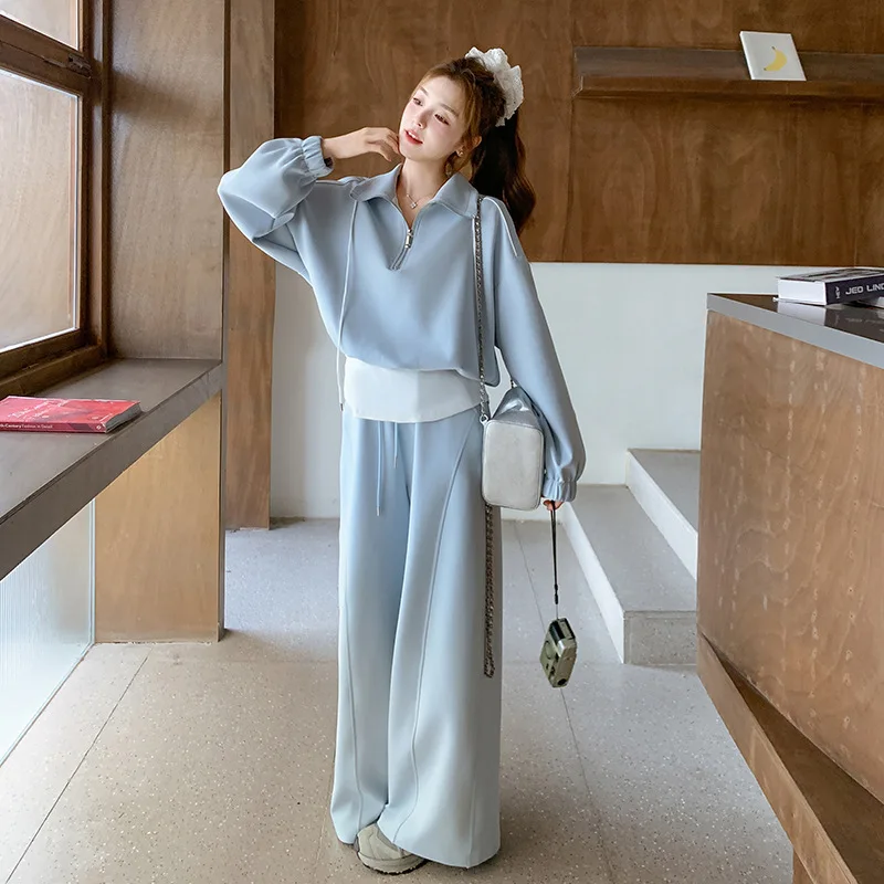 

Autumn 2025 new Korean style casual two-piece set women loose sports half zipper pullover+fashionable wide leg pants