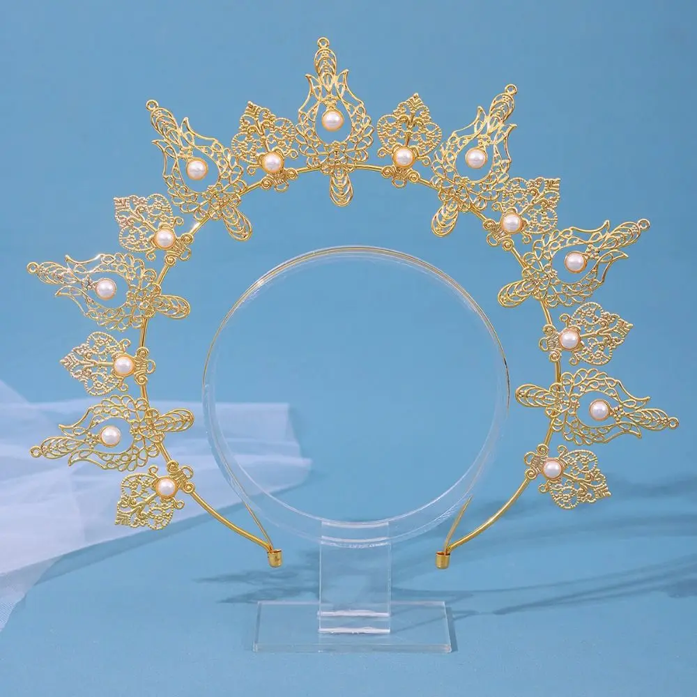 Gothic Gold Plated Halo Crown Vintage Faux Pearl Inlaid Sun Goddess Crown Exquisite Spike Design Goddess Headpiece Cosplayers