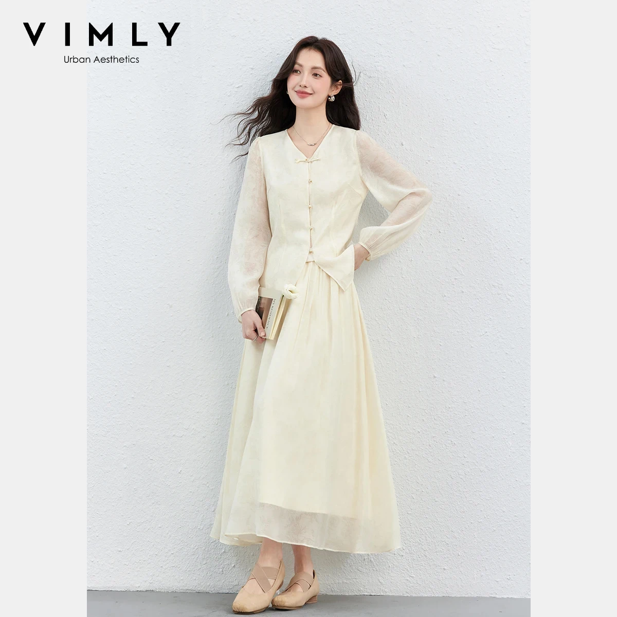 

VIMLY Women’s Chinese Style Suits 2026 Spring New Elegant Frog Button Puff Sleeve Top Midi Skirt Lightweight Two-Piece Set A5200