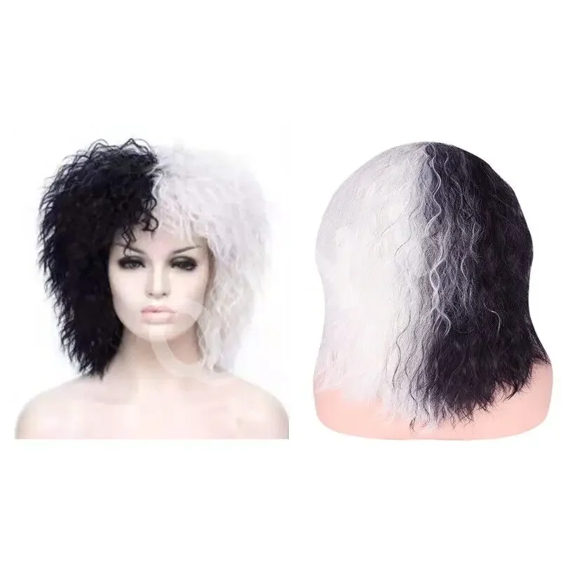 

Women Wig Black White Two Tone Splicing Synthetic Short Curly Wigs