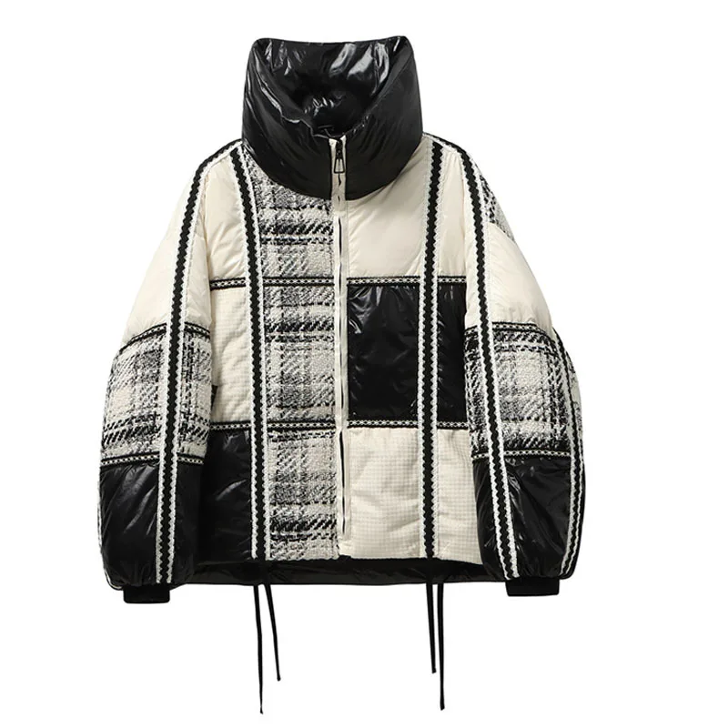 2022 New Winter Puffer Jacket Women High Neck Patchwork Woolen Plaid Knitted Warm Stitching White Duck Down Thermal Bread Coats