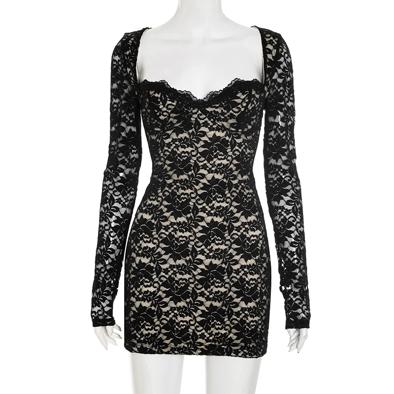 Damenbekleidung, Mini-Spitzenkleid mit langen Ärmeln, 2025, Herbst und Winter, neue elegante Party, enger quadratischer Kragen, sexy, figurbetonte kurze Kleider