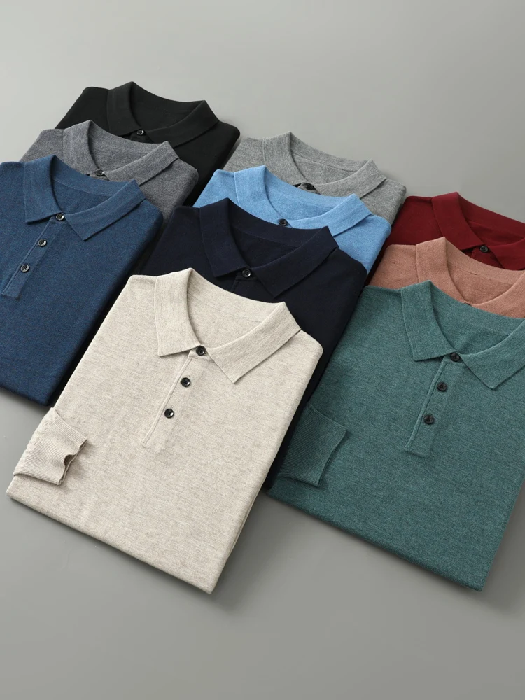 Slim-fit bouton automne et hiver nouveau 100% laine mérinos hommes pull col polo pull mode chaud maillot de corps petit haut