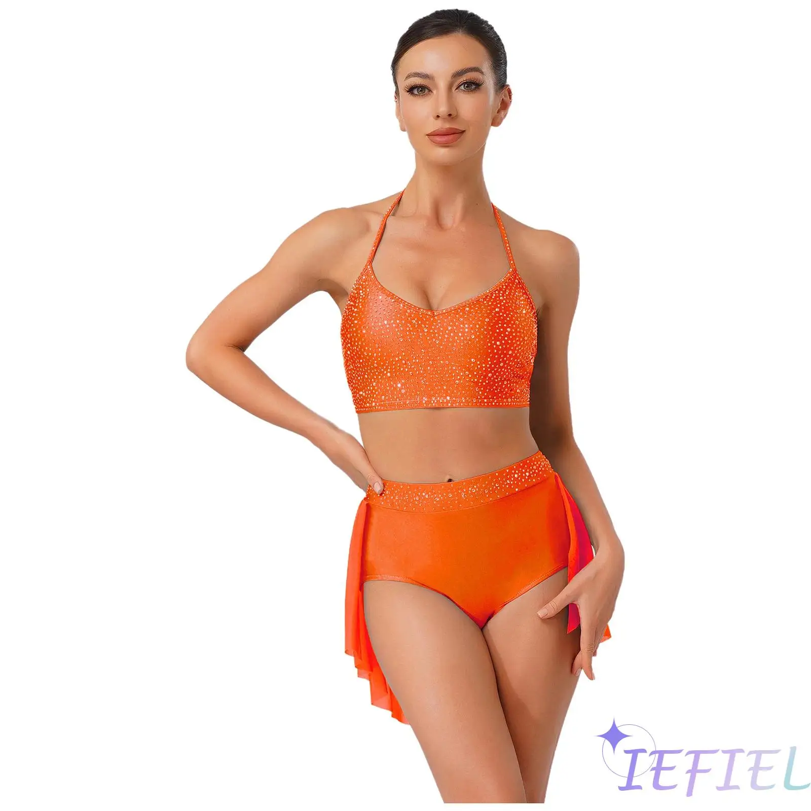 زي رقص غنائي مثير، بلوزة من حجر الراين اللامع وسروال عالي الخصر، ملابس رقص بحاشية شبكية قابلة للتنفس لممارسة العروض #1