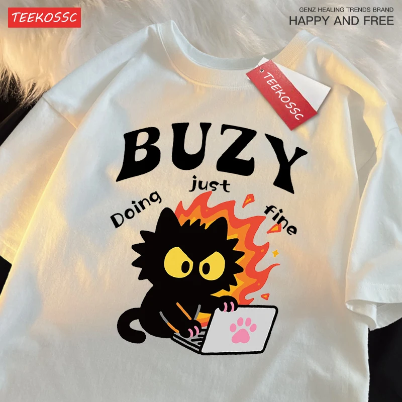 

Crazy Office Cat Design Comfortable Soft T Shirt Woman All-Natch Cartoon T-Shirts Y2K Cotton Sportswear Summer Loose Clothes