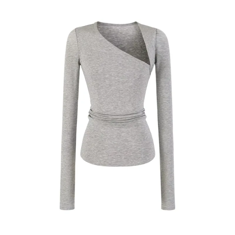 

New Korean Style Unique One-shoulder Long-sleeve Base Shirt For Women Solid Color Stretchy Slim-fit Outerwear T-shirt Solid QRPC